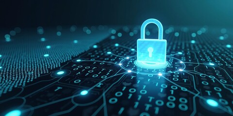 Futuristic digital padlock symbolizing data protection and cybersecurity on a virtual network with glowing binary code background