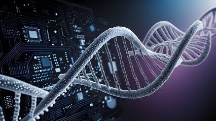 Obraz premium Abstract Visualization of DNA Strand Intertwining with Glowing Circuit Lines to Represent AI and Biology Fusion