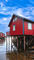 Scenic fishing village A in Lofoten Islands with authentic fishermen sheds and museum.