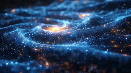 Abstract digital wavy texture of glowing particles.