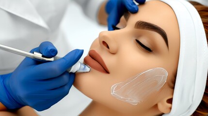 Young woman undergoing hydrafacial treatment in beauty clinic for rejuvenating skin hydration.