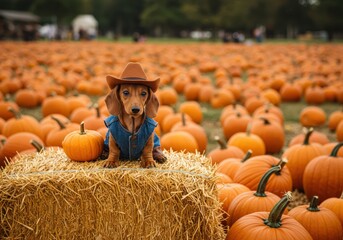 A dachshund in cowboy attire enjoys the autumn pumpkin patch setting with pumpkins everywhere.