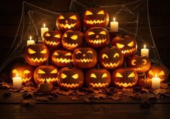 A festive Halloween arrangement with carved pumpkins, glowing candles, and fall leaves.