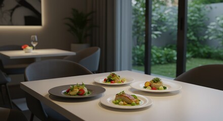 Four plates of gourmet food are arranged on a white table in a restaurant setting, with a garden view visible through the window.