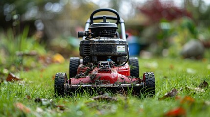 Obraz premium Backyard lawn mowing with lush green grass and a vibrant red lawn mower in action