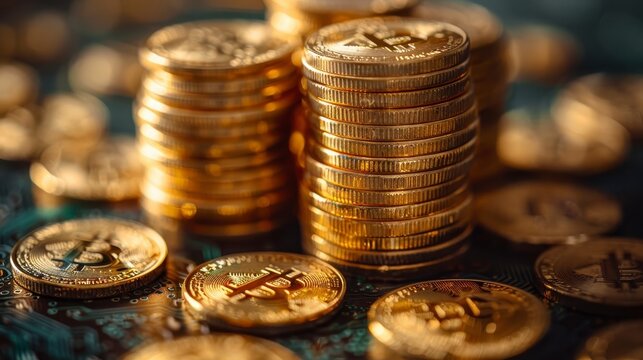 Stacks of golden coins spread across an etched surface, creating an illusion of wealth and high-tech finance