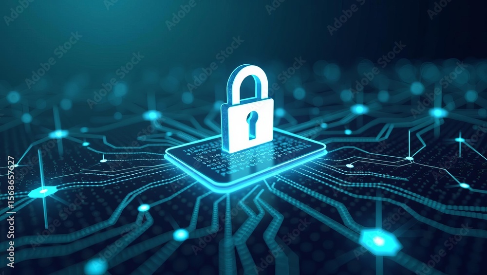 Poster digital padlock symbolizing cybersecurity and data protection in a connected network, representing s