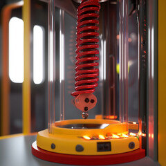 Closeup of a claw crane machine with a red coil cable and yellow body on a gray background. Concept of arcade game. 3D