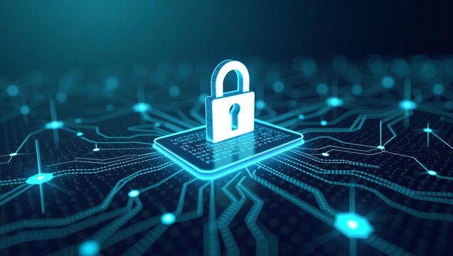 Digital padlock symbolizing cybersecurity and data protection in a connected network, representing secure technology solutions and privacy