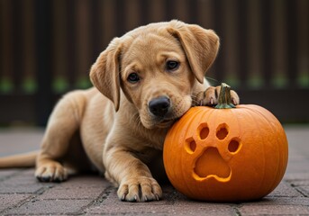 A cute Labrador puppy poses with a carved pumpkin for a festive Halloween scene.