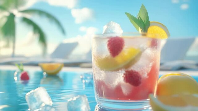 Refreshing Raspberry Lemonade Cocktail by the Pool on a Sunny Day in Paradise