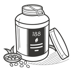 Black and white protein bottle with pills and leaves dietary supplement health