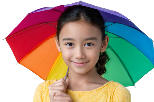 Smiling girl sheltered under a vibrant rainbow umbrella with a transparent background, creating a cheerful and colorful portrait, silhouette