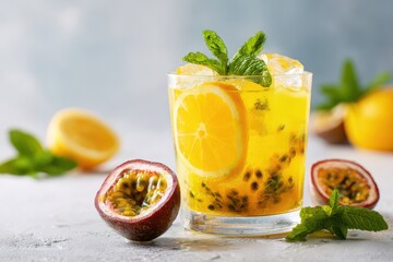 Fototapeta premium Chilled citrus drink with ice on a white table