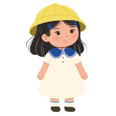 Beautiful black haired kindergarten girl in white uniform