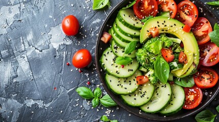 Vibrant avocado, tomato, and cucumber salad in sleek black bowl on white tabletop for modern dining