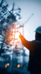 A man points at a building in the distance