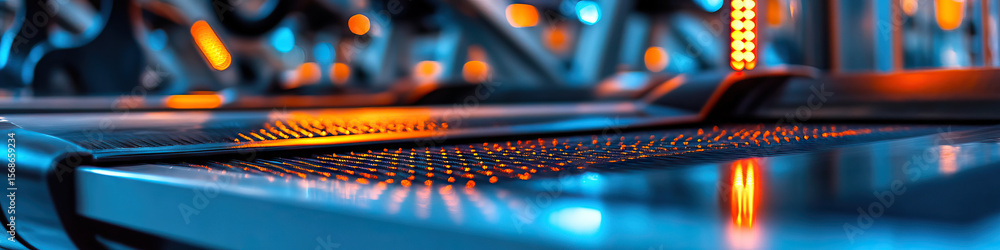Poster close-up of treadmill running belts with illuminated surface