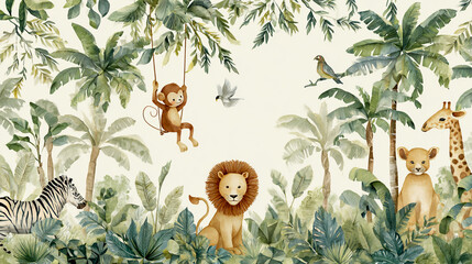 Watercolor jungle theme with palm trees, white background