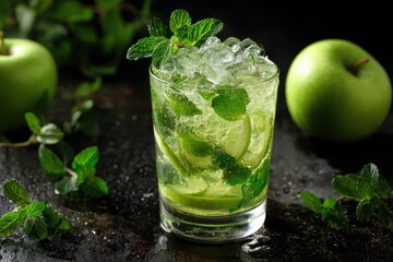 Chilled mint apple mojito garnished with mint leaves on the table