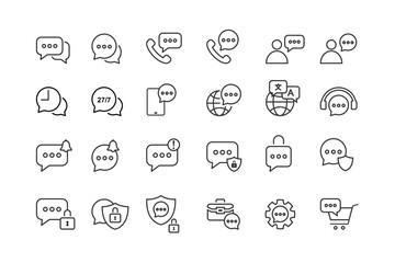 Set of Modern Communication and Chat Icons Outline Style with Security, Notification, Global Support, Language, Headset, Mobile and E-commerce Elements for Web and App UI Design