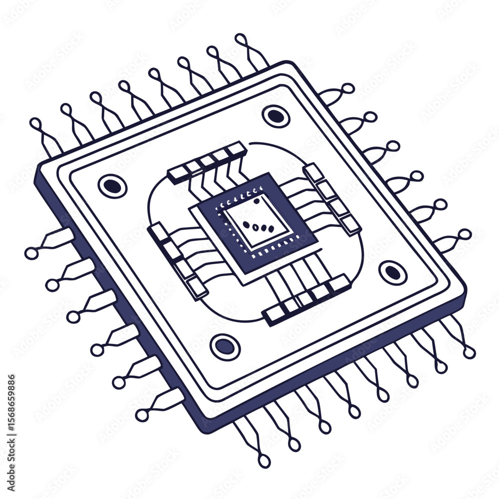 Poster detailed electronic microchip with many pins processor electronic component