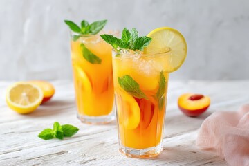 Chilled summer mocktail with mint and lemon served on a white wooden table
