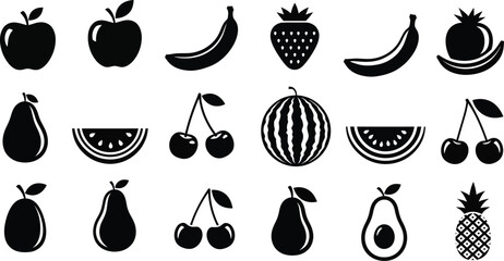 Collection of black and white fruit icons arranged in a grid pattern