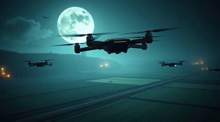 Drones fly over fields at night