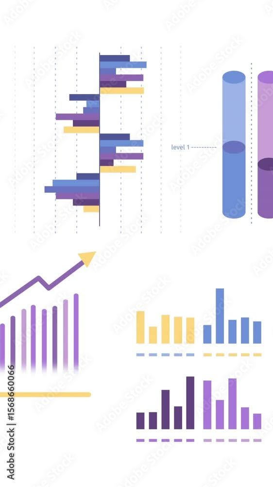 Poster animation of statistics, graphs and financial data processing over white background