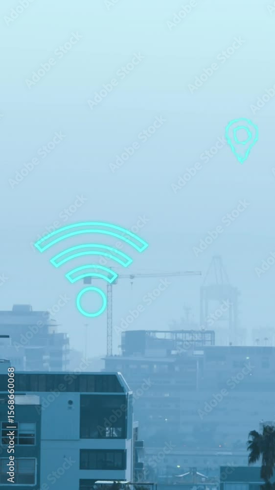Poster Animation of cloud and wifi icons with data processing over cityscape