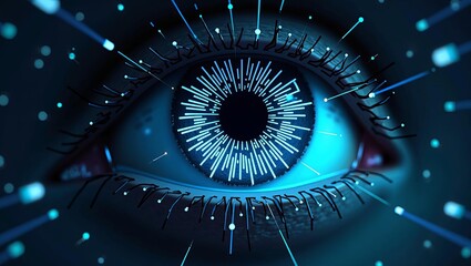 Futuristic digital human eye with glowing blue lines and abstract light effects representing artificial intelligence and technology innovation