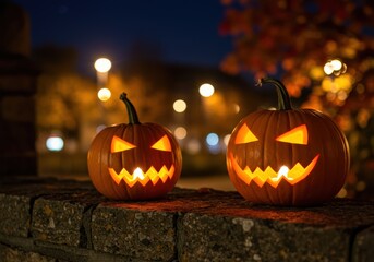 Fototapeta premium Two carved pumpkins glow with light, celebrating Halloween at night.