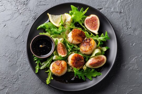 Scallops with lemon and figs on a black plate accompanied by salad against a gray backdrop Overhead shot upscale presentation