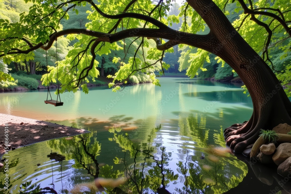 Poster serene lake surrounded by lush greenery and a swing hanging from a tree branch.