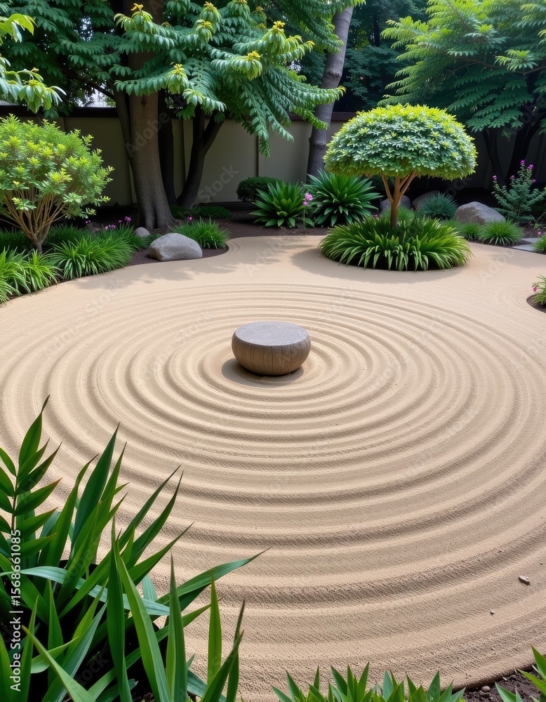 Poster tranquil garden with circular sand patterns and lush greenery, creating a serene atmosphere.