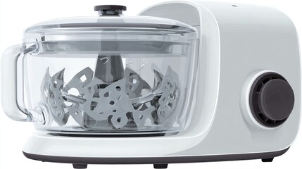 White food processor with clear bowl, dark accents, and interior blades, level