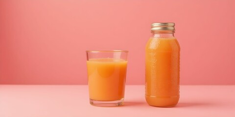 Fresh juice glass bottle orange drink beverage healthy refreshment pink background studio shot