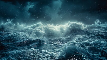 Rough seas under a dark, stormy sky with crashing waves and whitecaps