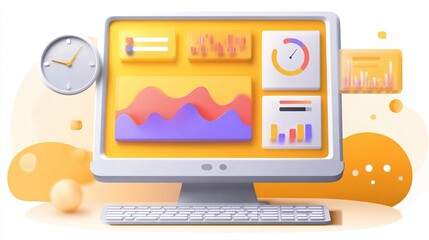 Whimsical 3D illustration of a computer monitor displaying data visualizations and charts