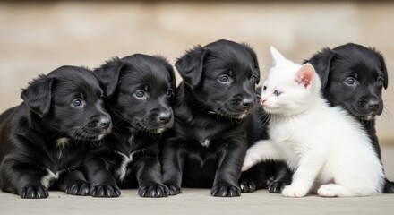 Four black puppies and a white kitten pose together, looking intently.
