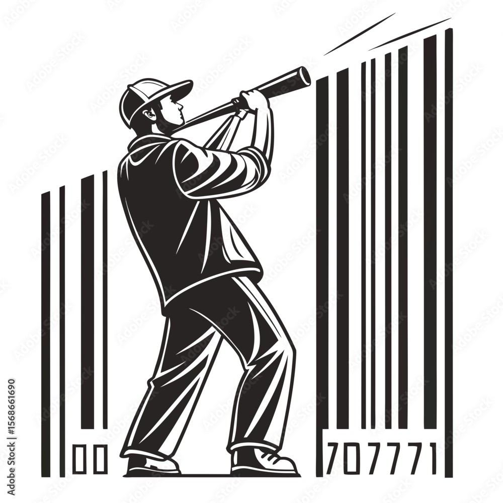Poster man with telescope observing barcode lines observation scanning