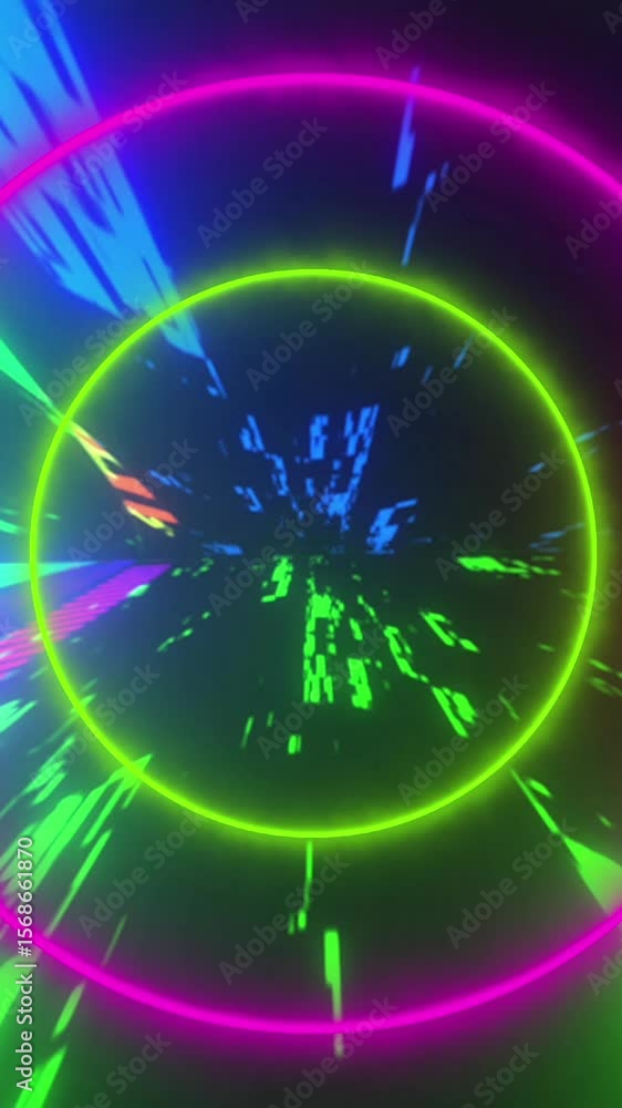 Poster animation of blue and green neon circles moving in seamless loop over light trails