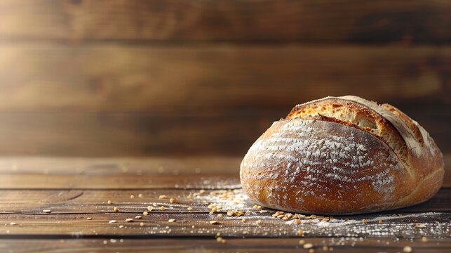 Artisan sourdough bread with flour dusting on a rustic wooden table against a dark background