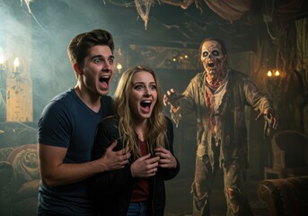 Couple scared by a zombie in a haunted house