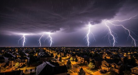 Dramatic lightning strikes illuminate a residential neighborhood during a severe thunderstorm.