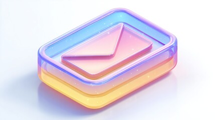 Isometric render of a glowing transparent mail icon, set against a bright white background