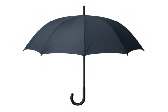 Black classic umbrella opened wide, transparent background, studio lighting highlighting sleek design and structural details