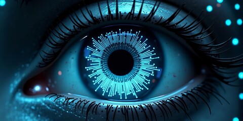 Futuristic human eye with glowing blue cybernetic patterns representing artificial intelligence, surveillance, and digital technology integration