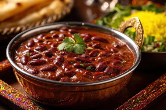 Rajma or Razma is a well known North Indian dish made of red kidney beans in a spiced gravy It s served in a bowl with cumin rice and green salad set on a vibrant wooden table